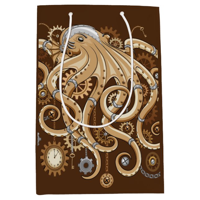 Octopus Steampunk Surreal Retro Style Machine Mittlere Geschenktüte (Vorderseite)