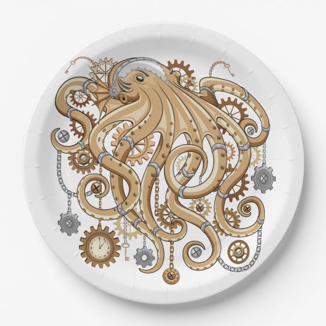 Octopus Steampunk Surreal Retro Style Machine Pappteller (Vorderseite)