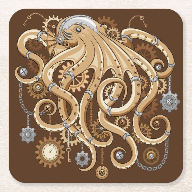 Octopus Steampunk Surreal Retro Style Machine Rechteckiger Pappuntersetzer (Vorderseite)