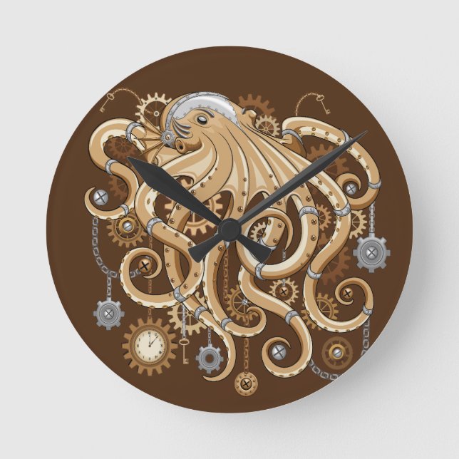 Octopus Steampunk Surreal Retro Style Machine Runde Wanduhr (Vorderseite)