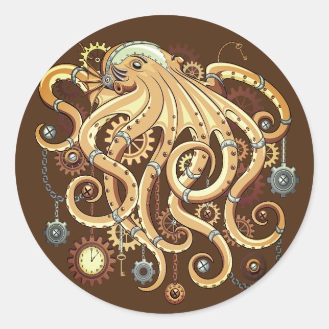 Octopus Steampunk Surreal Retro Style Machine Runder Aufkleber (Vorderseite)