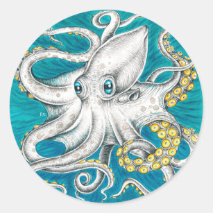 Octopus Tentacles Grüne aquamarine Tinte Runder Aufkleber
