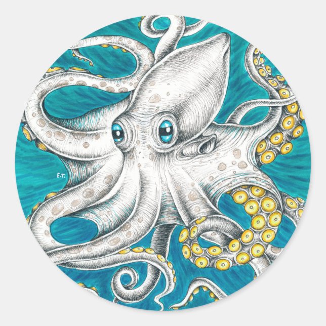 Octopus Tentacles Grüne aquamarine Tinte Runder Aufkleber (Vorderseite)