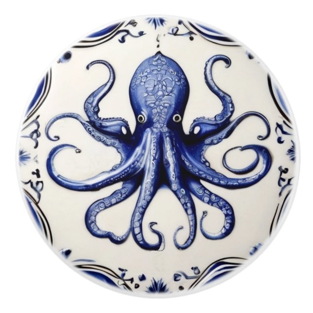 Octopus Thema Blau und Weißer Ozean Beach House Keramikknauf (Vorderseite)