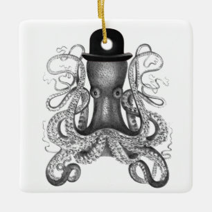 Octopus Tragen von Bowler Hat, Vintag, Octopus Art Keramikornament