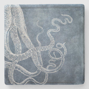 Octopus Twilight Blue Denim Wasserfarbe Kunst Steinuntersetzer