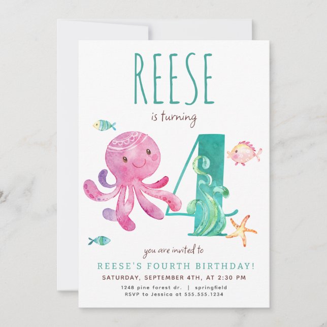 Octopus Vierte Einladung zum Geburtstag (Vorderseite)