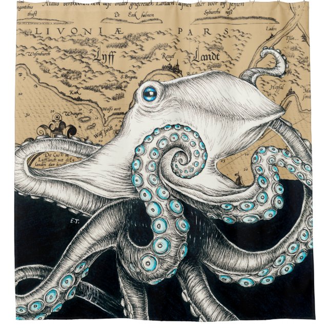 Octopus Vintag Map Beige Duschvorhang (Vorderseite)