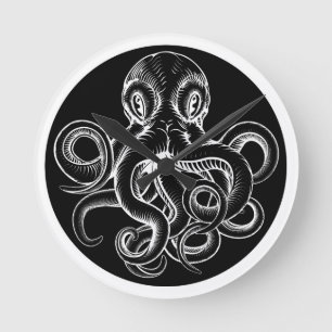 Octopus vintage woodcut engraved etched style runde wanduhr