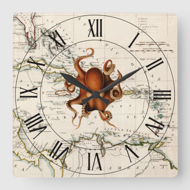 Octopus~West Indies~Caribbean 1785 Nautical Map ~ Quadratische Wanduhr (Vorderseite)