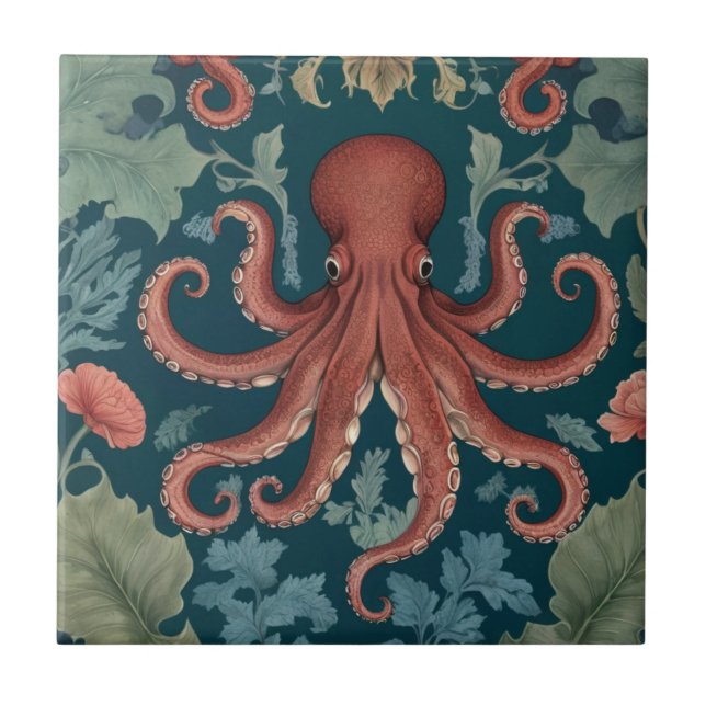 Octopus William Morris Stil Meeres Fliese (Vorderseite)