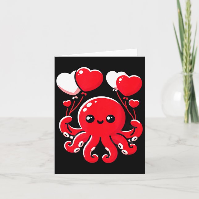 Octopus With Heart Balloons Adorable Valentines Da Karte (Vorderseite)