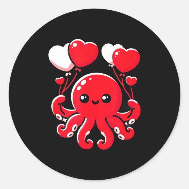 Octopus With Heart Balloons Adorable Valentines Da Runder Aufkleber (Vorderseite)