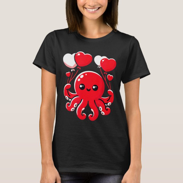 Octopus With Heart Balloons Adorable Valentines Da T-Shirt (Vorderseite)