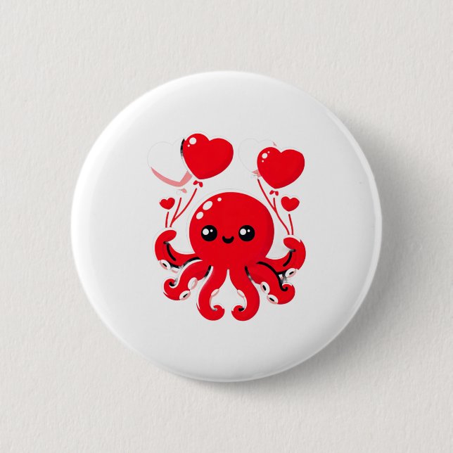 Octopus With Heart Lloons Adorable Valentines Day  Button (Vorderseite)