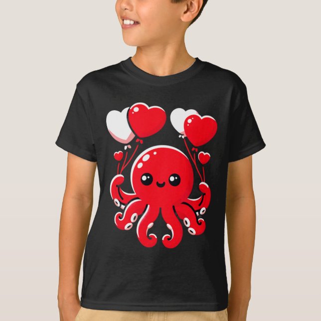 Octopus With Heart Lloons Adorable Valentines Day  T-Shirt (Vorderseite)