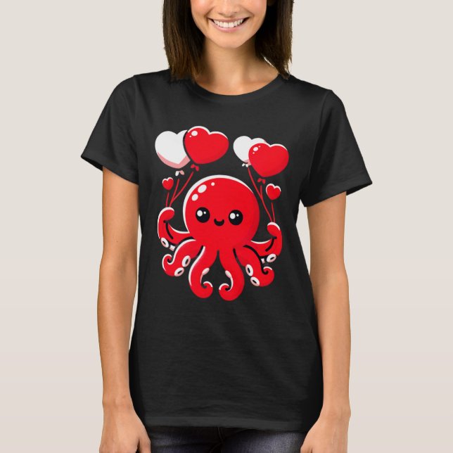 Octopus With Heart Lloons Adorable Valentines Day  T-Shirt (Vorderseite)