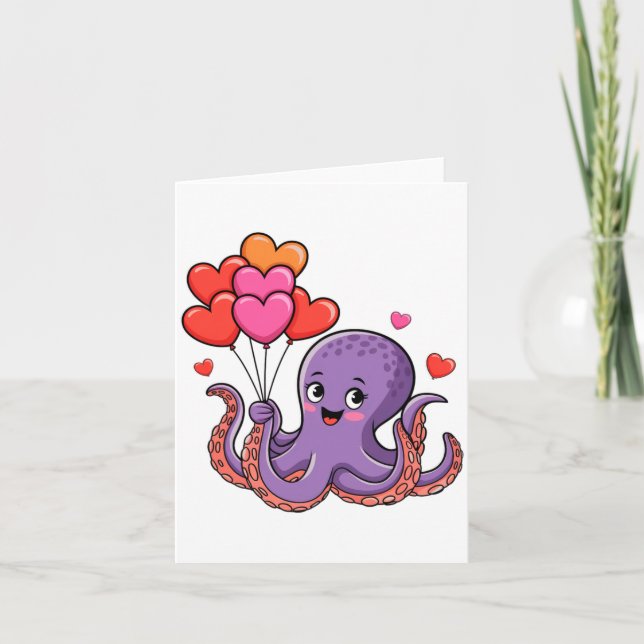 Octopus With Heart Lloons Valentine Day  Karte (Vorderseite)