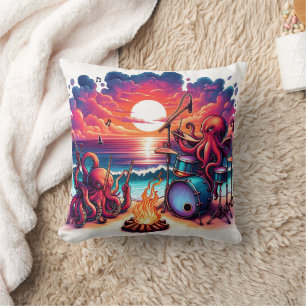 Octopuses Playing Music by Sunset Beach Kissen