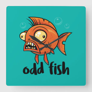 Odd Fish Quirky Funny Orange Goldfish Cartoon Quadratische Wanduhr
