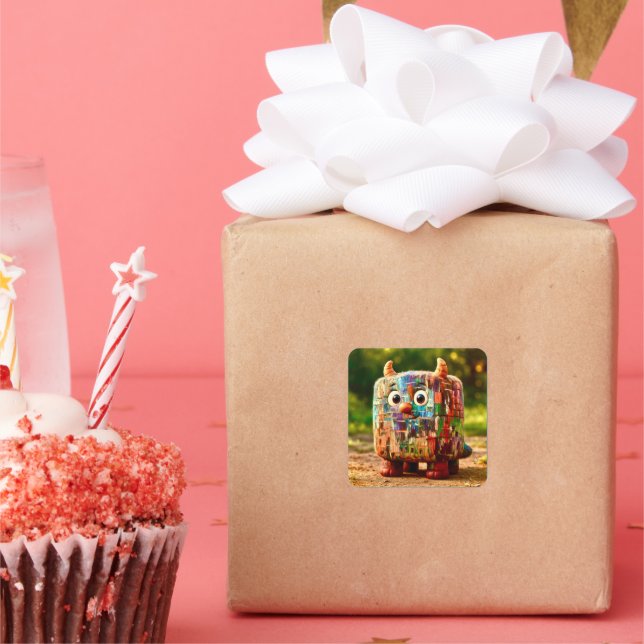 Odd Friends - Patchwork Cube Monster Poster Quadratischer Aufkleber (Party)