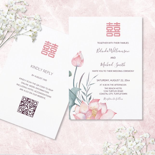 ODER Code | Lotus Blume Chinesische Hochzeitseinla Einladung (Von Creator hochgeladen)