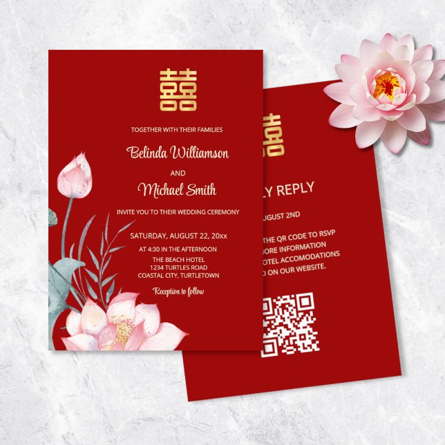 ODER Code | Lotus Blume Chinesische Hochzeitseinla Einladung (Von Creator hochgeladen)