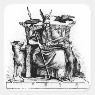Odin ravens auf seinem Steinthron, der die Mytholo Quadratischer Aufkleber