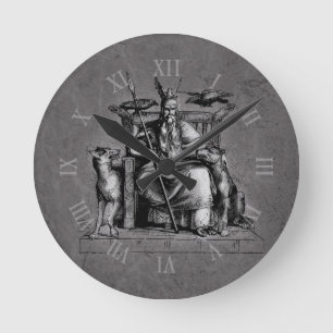 Odin ravens on his stone throne viking mythology runde wanduhr