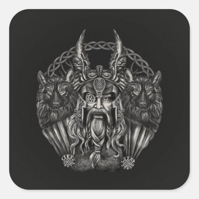 Odin und seine Wölfe Geri und Freki Quadratischer Aufkleber (Vorderseite)