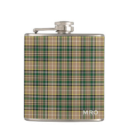 O'Farrell Tartan Monogram Green und Tan Kariert Flachmann