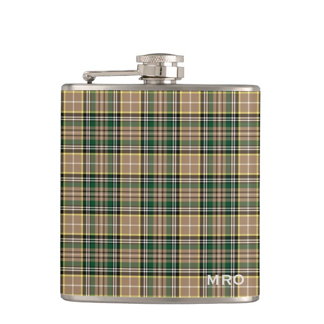 O'Farrell Tartan Monogram Green und Tan Kariert Flachmann (Vorderseite)