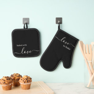 Ofen Mitt & Pothalter - Liebe zum Backen (schwarz) Ofenhandschuh & Topflappen-Set