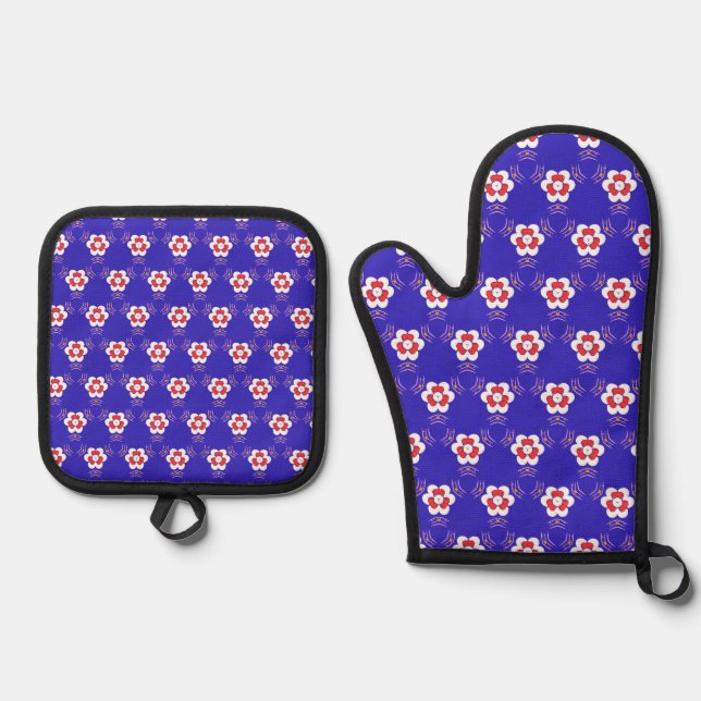 Ofen Mitt- und Potthalter mit Blume Ofenhandschuh & Topflappen-Set (Vorderseite)