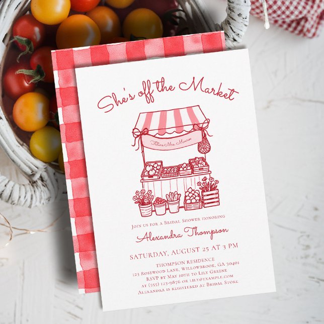 Off the Market Farmers Red Modern Bridal Shower Einladung (shes off the market bridal shower invitation red farmer stand hand drawn rustic chic outdoors picnic)