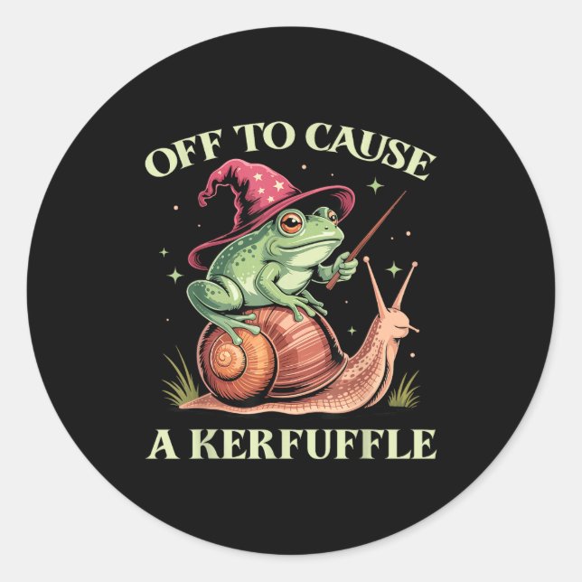 Off To Cause A Kerfuffle Whimsical Wizard Frog Mem Runder Aufkleber (Vorderseite)