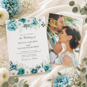 Off-White Aquamarin Floral Custom Foto Wedding Einladung