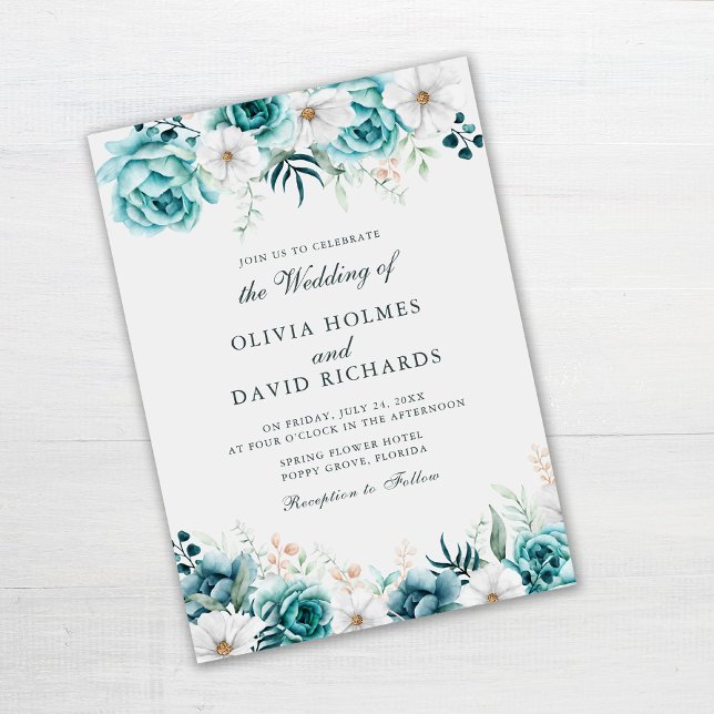 Off-White Aquamarin Floral Wedding Einladung (Off-White Teal Floral Wedding Invitation on gray table)