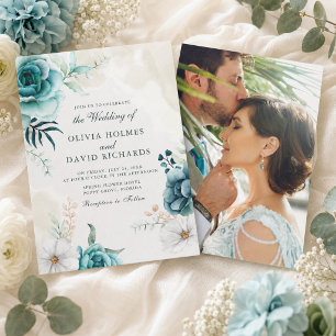 Off-White Aquamarin Wildblumen Foto Hochzeit Einla Einladung