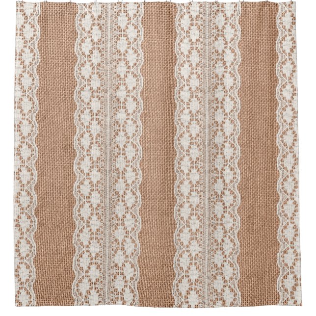 Off-White Lace auf Brown Burlap Texture Duschvorhang (Vorderseite)