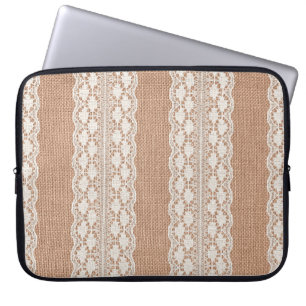 Off-White Lace auf Brown Burlap Texture Laptopschutzhülle