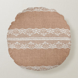 Off-White Lace auf Brown Burlap Texture Rundes Kissen
