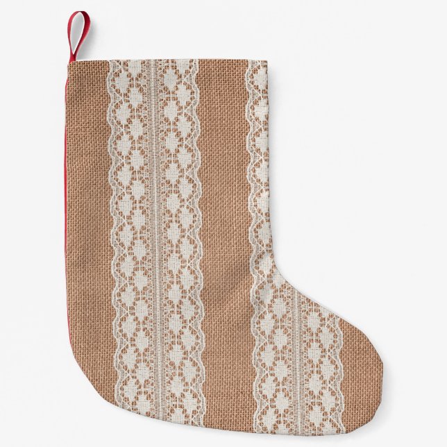 Off-White Lace on Brown Burlap Texture Kleiner Weihnachtsstrumpf (Vorderseite)