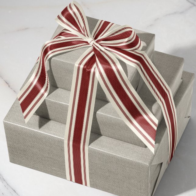 Off-White und Deep Red Ticking Tape Ribbon Ripsband (deep brick red and cream ticking stripe patterned satin ribbon)