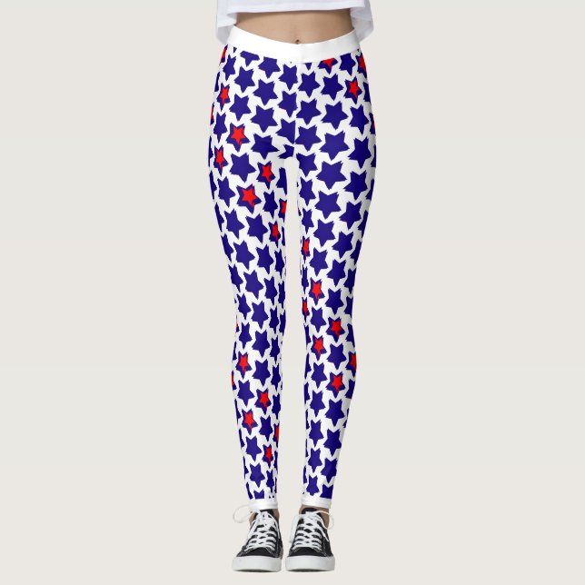 Offbeat Verzerrte rote blaue Sterne Leggings (Vorderseite)