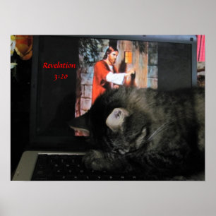 Offenbarung 3:20 mit betender Katze Poster