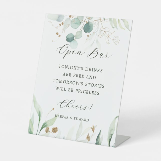 Offene Bar für goldene und grüne Botanische Hochze Sockelschild (Vorderseite)