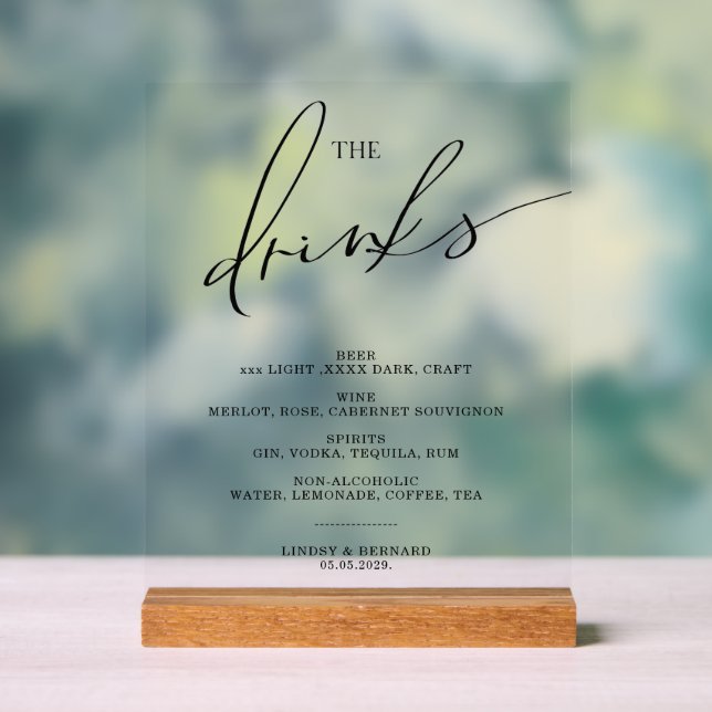 Offene Bar Menu Die Getränke Hochzeitsschild Poste Acrylschild (Neutral)