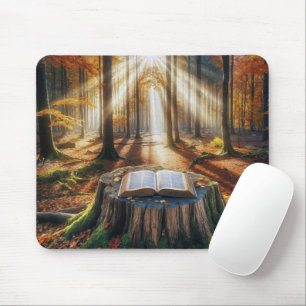 Offene Bibel auf Baumstumpf im Herbst Mousepad