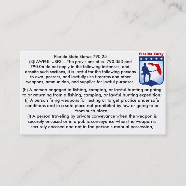 Offene Florida-Feuerwaffen tragen Visitenkarte (Vorderseite)